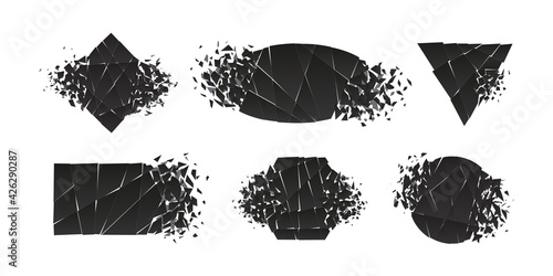 Shape shattered and explodes flat style design vector illustration set isolated on white background. Triangle, hexagon, ellipse, rectangle and rhombus shapes in grayscale gradient exploding collection