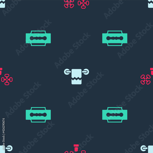 Set Water tap, Towel on hanger and Blade razor on seamless pattern. Vector
