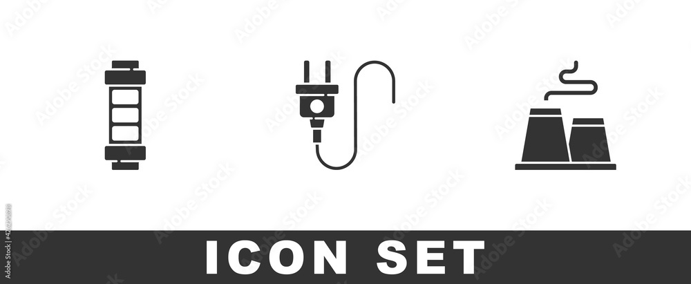 Set Battery, Electric plug and Factory icon. Vector Set Battery, Electric plug and Factory icon. Vector