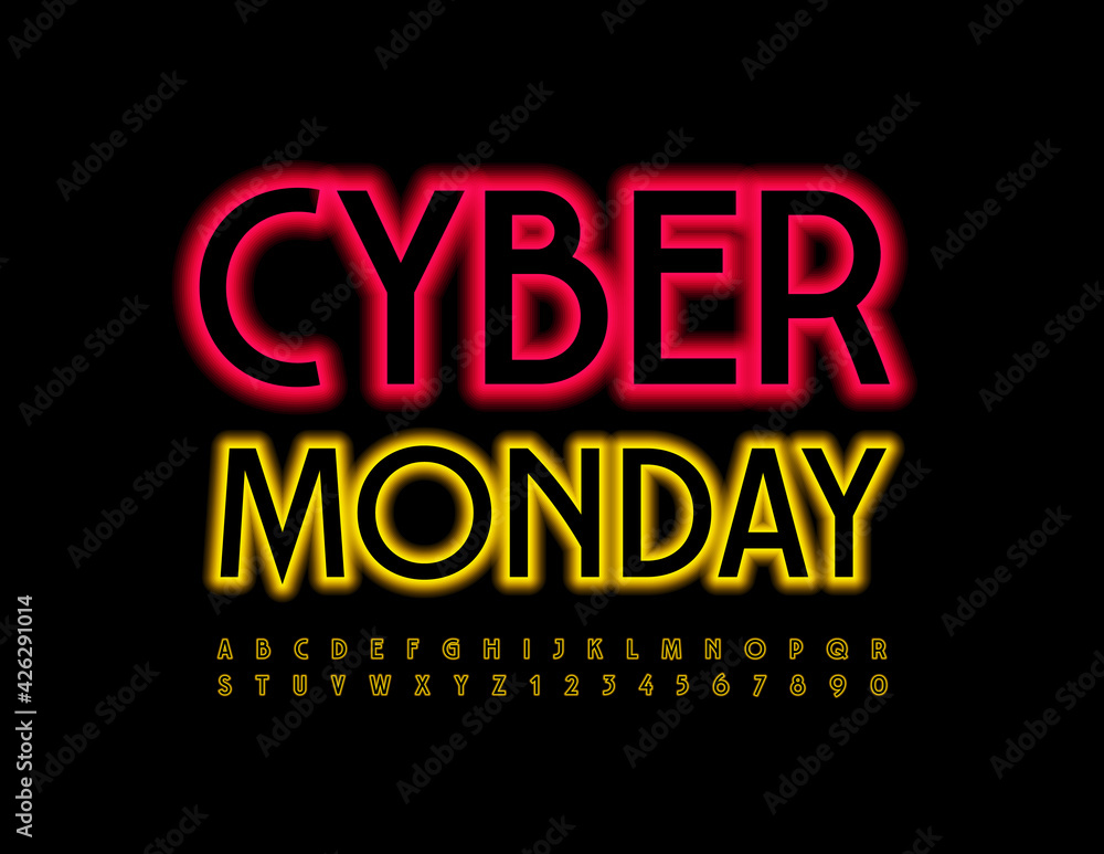 Vector promo banner Cyber Monday. Neon Yellow Font. Elegant Alphabet Letters and Numbers set Vector promo banner Cyber Monday. Neon Yellow Font. Elegant Alphabet Letters and Numbers set