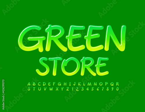 Vector concept emblem Green Store. Artistic style Font. Gradient color Alphabet Letters and Numbers