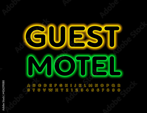Vector neon banner Guest Motel. Illuminated light Font. Glowing set of Alphabet Letters and Number