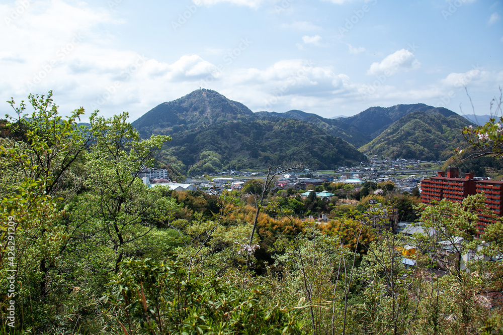 源氏山公園の山頂広場から望む葛城山の春景色｜全長1800mのロープウェイで山頂へ登れます。
