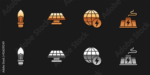 Set Light bulb, Solar energy panel, Global power planet and Power station plant factory icon. Vector