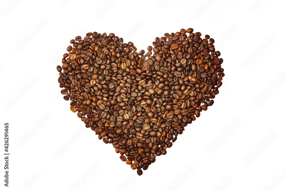 heart shaped roasted coffee beans,isolated on a white background heart shaped roasted coffee beans,isolated on a white background