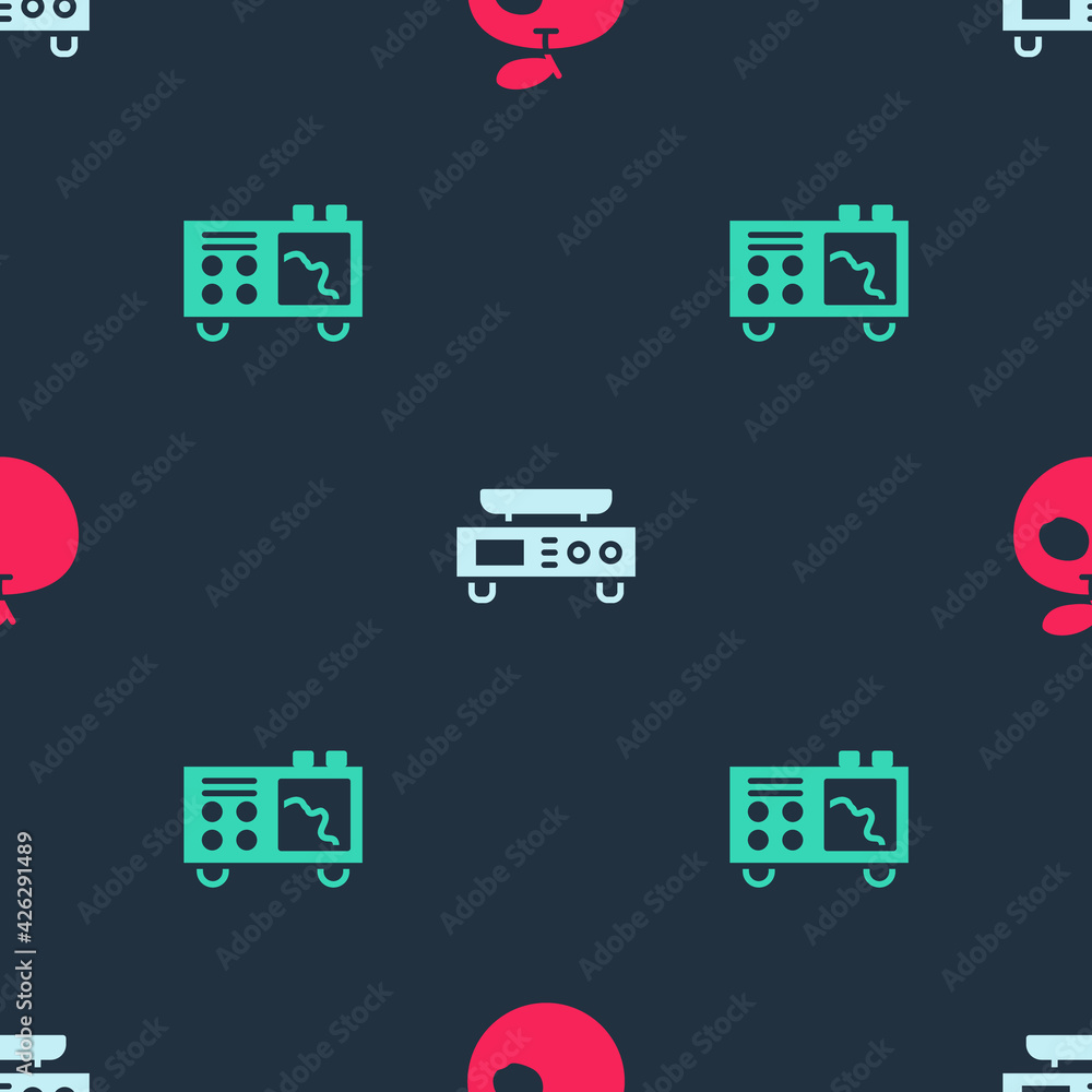 Set Genetically modified apple, Electronic scales and Spectrometer on seamless pattern. Vector Set Genetically modified apple, Electronic scales and Spectrometer on seamless pattern. Vector