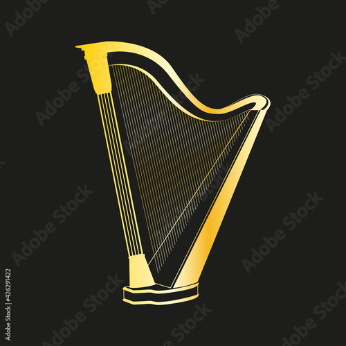 Vector golden harp silhouette isolated on black background.