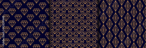 Set of three Gemstone Seamless pattern in minimal trendy style. Gold linear diamonds on a dark blue background. Vector