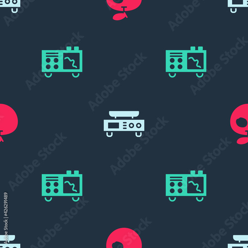 Set Genetically modified apple, Electronic scales and Spectrometer on seamless pattern. Vector