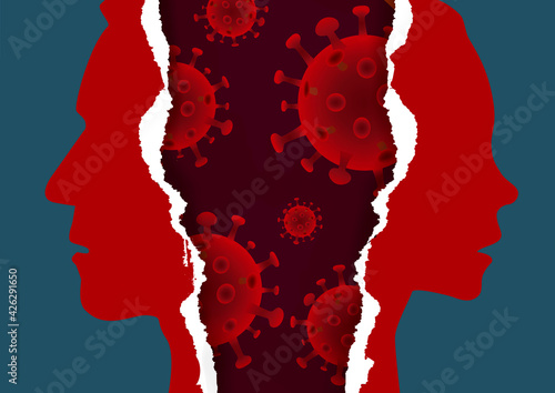 Divorced couple, relationship problems in pandemic time.
Ripped paper with man and woman stylized silhouettes and coronavirus, torn paper background. Vector available.
