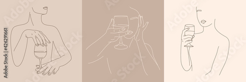Set of Woman Holding Wineglass in a Minimal Trendy Linear Style . Vector Fashion Illustration of Female Figure.