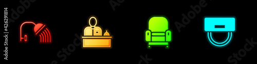 Set Shower head, Hotel reception desk, Armchair and Bellboy hat icon. Vector