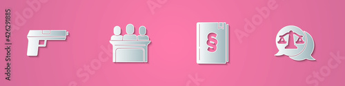 Set paper cut Pistol or gun, Jurors, Law book and Scales of justice icon. Paper art style. Vector