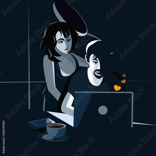 A man sits at night at the computer. Vector illustration.