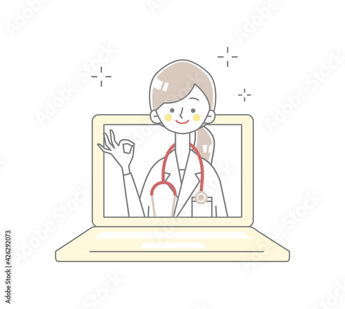 パソコンからOKサインをする医者が飛び出すイラスト