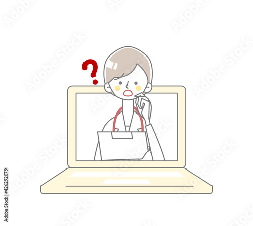 パソコンから不安そうな医者が飛び出すイラスト