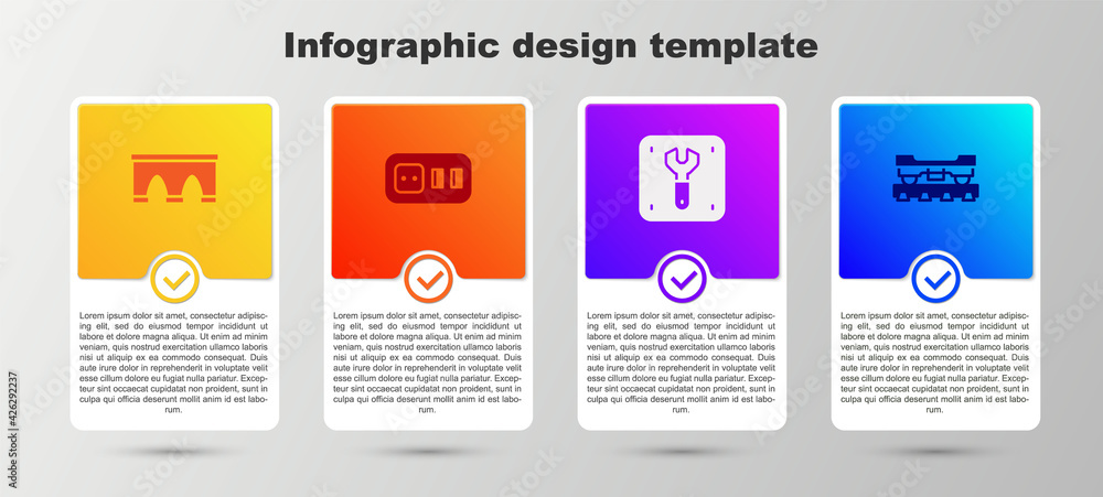 Set Bridge for train, Electrical outlet, Repair of railway and Cargo wagon. Business infographic template. Vector Set Bridge for train, Electrical outlet, Repair of railway and Cargo wagon. Business infographic template. Vector
