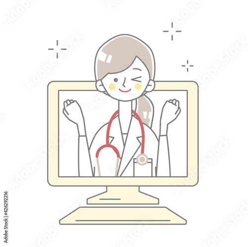 パソコンからガッツポーズをする医者が飛び出すイラスト