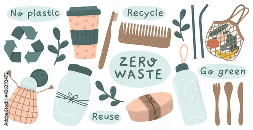 Recycle and reusable collection of zero waste objects: spoon, bag, cutlery, bottle straw, toothbrush, comb and face pads. Hand drawn flat style vector illustration.