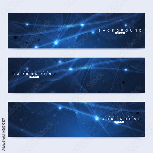 Scientific set of modern vector banners. DNA molecule structure with connected lines and dots. Scientific and technology concept. Wave flow graphic background for your design. Vector illustration.