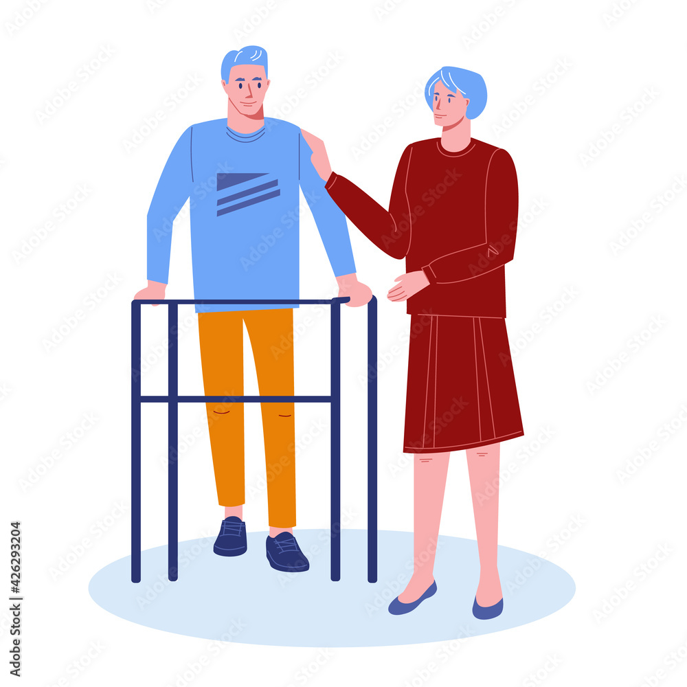 A disabled man in a walker. The woman helps him, supports him. Vector illustration in flat cartoon style. Isolated on a white background. A disabled man in a walker. The woman helps him, supports him. Vector illustration in flat cartoon style. Isolated on a white background.