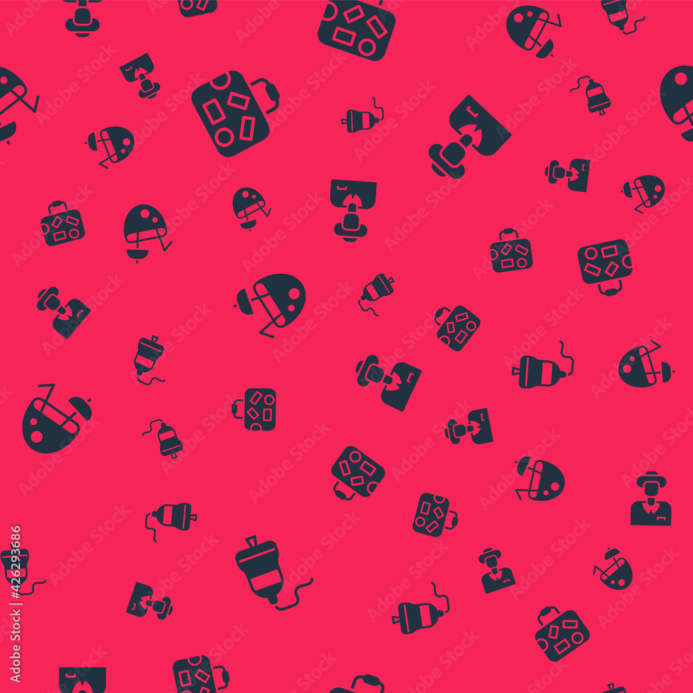 Set Ship bell, Suitcase, Coconut cocktail and Tourist on seamless pattern. Vector Set Ship bell, Suitcase, Coconut cocktail and Tourist on seamless pattern. Vector