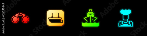 Set Binoculars, Lifeboat, Cruise ship and Cook icon. Vector