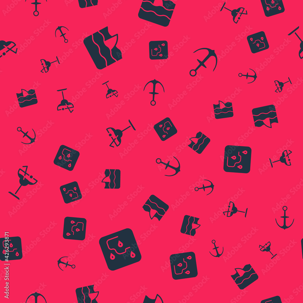 Set Route location, Shark fin in ocean wave, Cocktail and Anchor on seamless pattern. Vector Set Route location, Shark fin in ocean wave, Cocktail and Anchor on seamless pattern. Vector