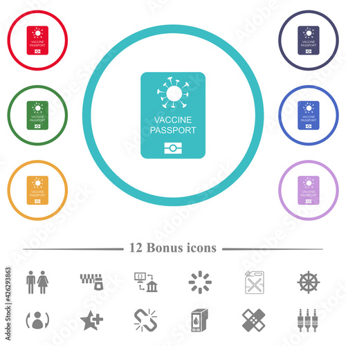 Vaccine passport flat color icons in circle shape outlines