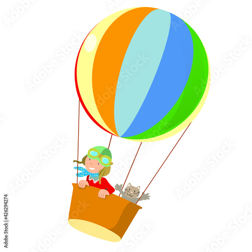 Mongolfiera con Bambino che indossa casco da Pilota e un Gatto allegro e simpatico, salutano felici volando nel cielo di Primavera, con speranza e gioia di vivere in libertà.. Trasparente e vettoriale
