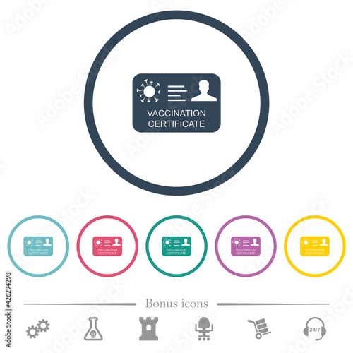 Vaccination certificate flat color icons in round outlines