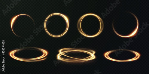 Abstract vector light effect of golden line of light. Movement light lines moving in a circle. Lighting equipment for advertising brochures, banners and materials.