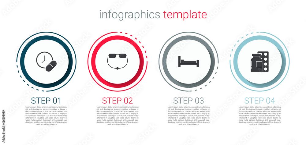 Set Medicine pill or tablet, Eyeglasses, Bed and Pills blister pack. Business infographic template. Vector Set Medicine pill or tablet, Eyeglasses, Bed and Pills blister pack. Business infographic template. Vector