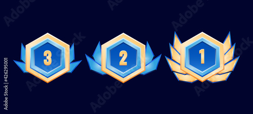 hexagonal game ui glossy golden diamond rank badge medals with wings vector illustration