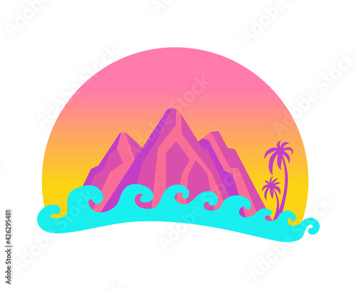 Mountains and palm trees against the sunset near the ocean. Tropical sunset and big waves.