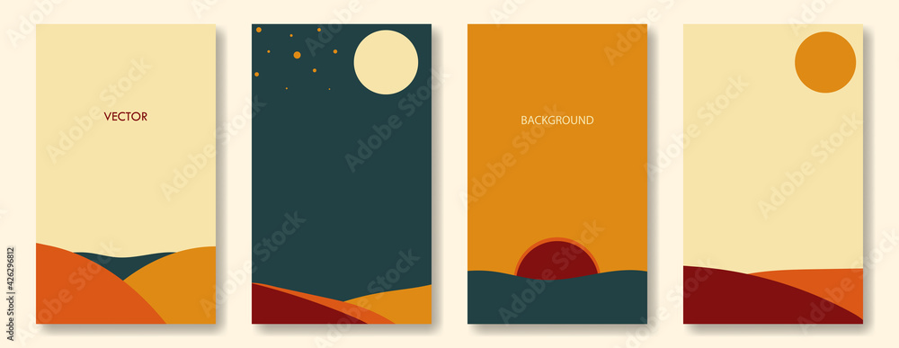 Vector abstract set for social media, with place for text. Natural elements sun, desert, moon, starry, sea in vintage palette. Minimalist decor posters