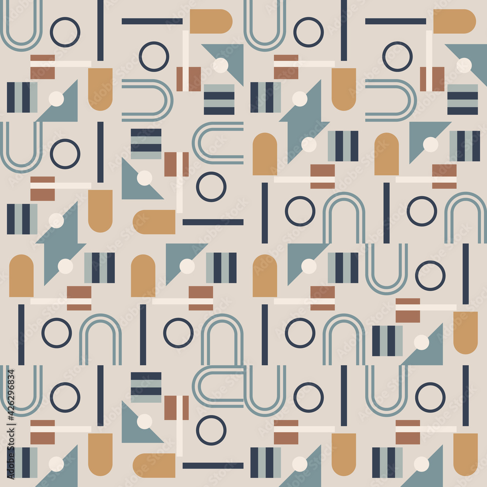Modern vector abstract geometric background with circles, rectangles and squares in retro scandinavian style. Pastel colored simple shapes graphic seamless pattern. Abstract mosaic artwork. Modern vector abstract geometric background with circles, rectangles and squares in retro scandinavian style. Pastel colored simple shapes graphic seamless pattern. Abstract mosaic artwork.