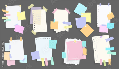 Paper notes stickers. Set of different  note papers. Blank of multicolor stickers. Sticky sheets of various colors and size  illustration