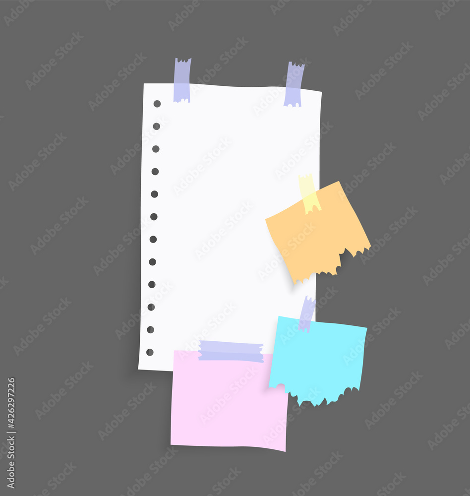Paper notes stickers. Place for memo messages on paper sheets. Attached with sticky colorful tape on grey background isolated realistic illustration Paper notes stickers. Place for memo messages on paper sheets. Attached with sticky colorful tape on grey background isolated realistic illustration