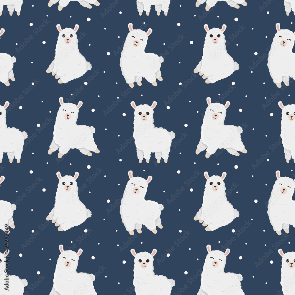 Fototapeta premium Seamless pattern with lamas made in vector. Good for wallpaper, greeting cards, children room decoration, etc. Cartoon alpaca on blue background.