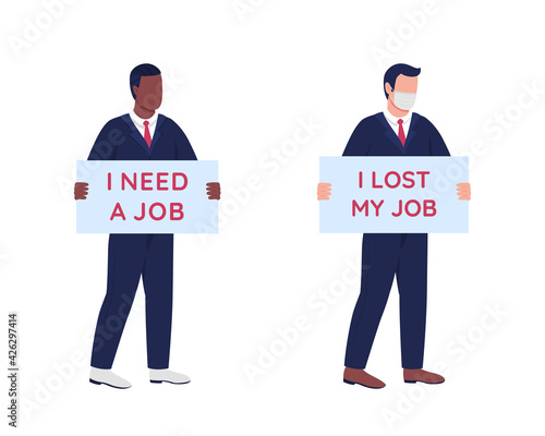 African american, caucasian men looking for work flat color vector faceless character set. People searching for job isolated cartoon illustration for web graphic design and animation collection