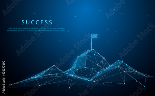 Flag on the top of Mountain form lines, triangles and particle style design. Illustration vector. Mountain climbing route to peak. Business journey path in progress to success vector concept.