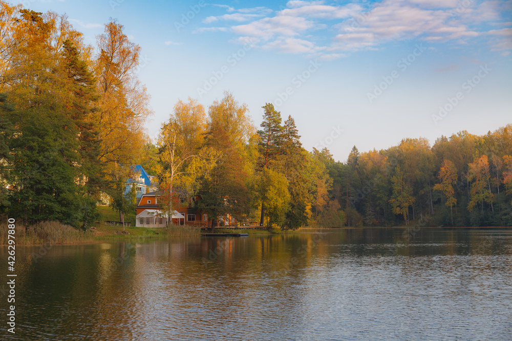 Cottages by the lake, fall season.