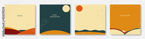 Vector social media posting kit, copy space with place for text. Natural elements sun, moon, desert, sea in a vintage palette. Minimalist decor posters