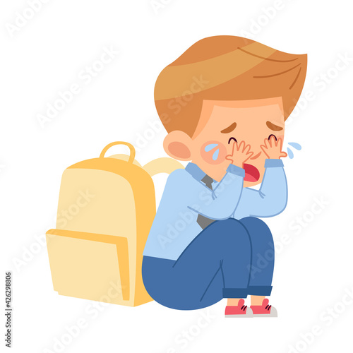 Bullied Boy Sitting with Backpack and Crying Because of Mockery and Sneer at School Vector Illustration