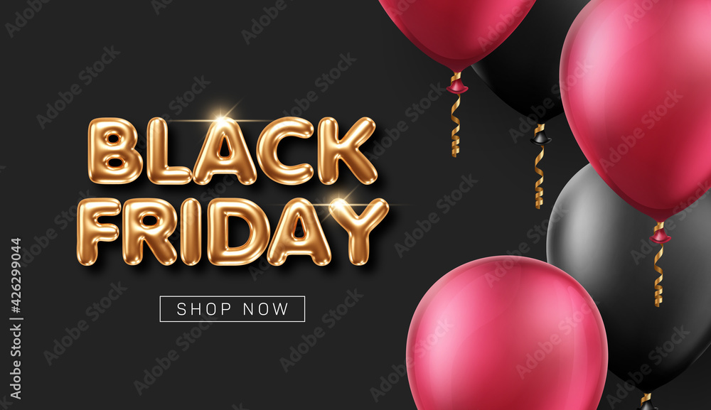 Black Friday sale banner with 3d golden letters and balloons on black background Black Friday sale banner with 3d golden letters and balloons on black background