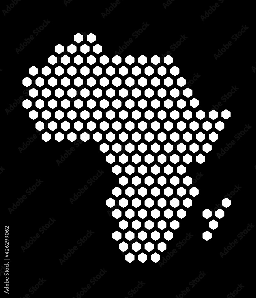 Black and white hexagonal pixel map of Africa. Vector illustration African continent hexagon map.