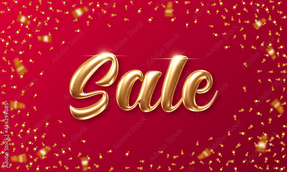 Sale banner template with 3d golden letters and confetti on red background