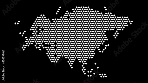 Black and white hexagonal pixel map of Eurasia. Vector illustration Eurasian continent hexagon map.