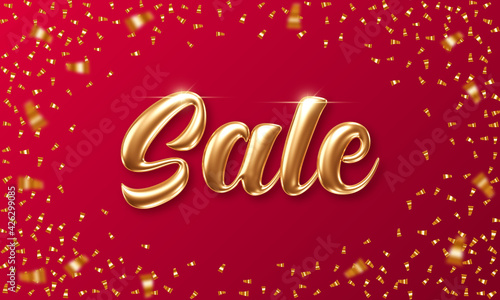 Sale banner template with 3d golden letters and confetti on red background